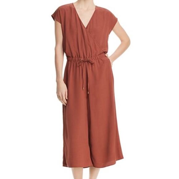 Eileen Fisher PS Petite Small Russet Orange Wide Leg Jumpsuit Surplice Neck - Picture 10 of 11